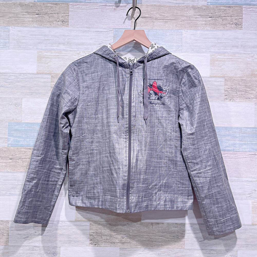 DISNEY PARKS MINNIE MOUSE Rain Jacket Gray Full Zip Hooded Lined Womens XS
